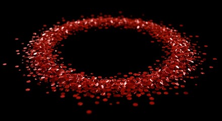 Scattered red metallic disc particles arranged in elliptical ring formation on black background for abstract technology and data visualization concepts