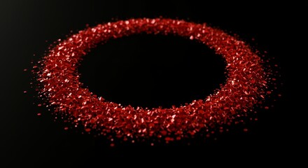 Dense red geometric particles forming horizontal elliptical ring with scattered distribution on dark background for abstract data and technology design