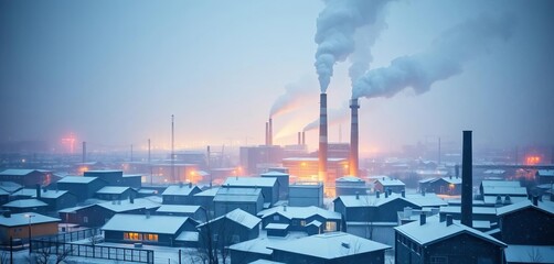 Snow blankets a grimy industrial town; factory smokestacks belch dark plumes, snow,  chimneys