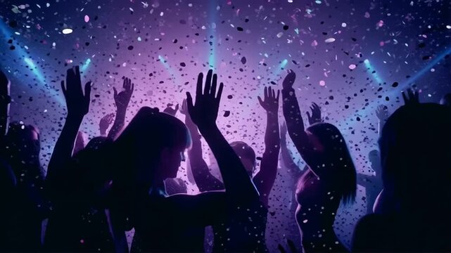 Energetic underground club party video featuring people dancing in the dark with raised hands, neon lights illuminating their faces, and confetti falling, creating a lively cinematic nightlife scene.