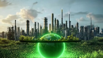 The glowing green earth with industry environtment - Powered by Adobe