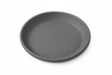 Gray ceramic plate sitting empty on transparent surface, minimalist design awaiting culinary presentation