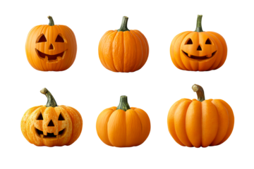Halloween pumpkins with various carved designs