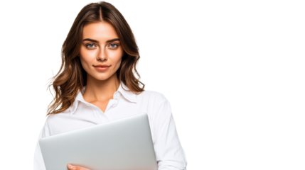 Professional woman holding a laptop computer with a confident expression, cut out transparent