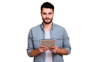 Bearded Man Holding Tablet Computer in Denim Shirt, cut out transparent