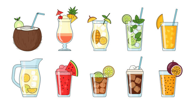 Illustration of a variety of colorful tropical cocktails and drinks with different fruit garnishes and straws