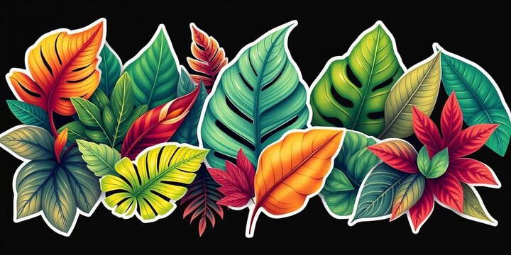 Funky groovy tropical leaves, exotic botanical shapes, sticker bundle for design,  digital,  illustration - Powered by Adobe