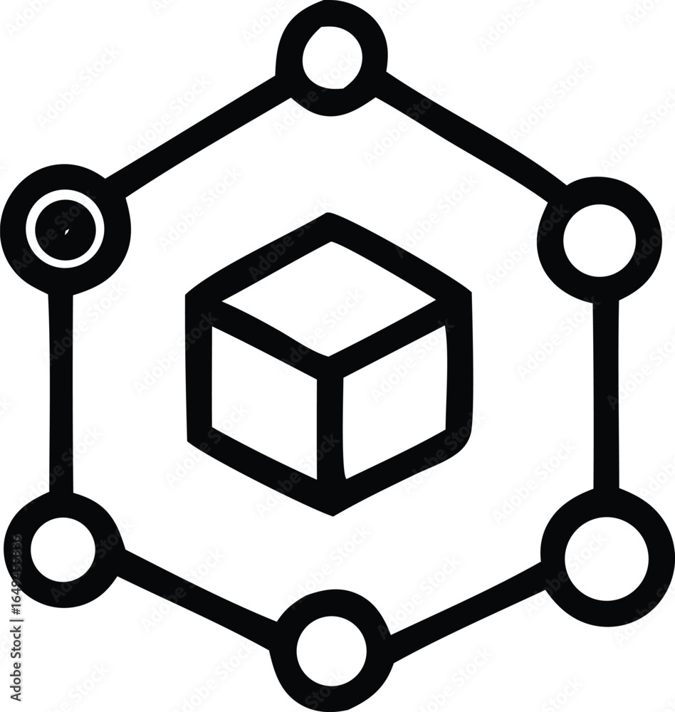 Poster abstract geometric network structure connecting a central cube with interconnected nodes representin