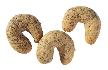 Three poppy seed Kipferl isolated on white background
