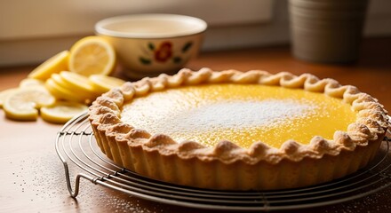 Delicious homemade lemon tart with a golden crust, sprinkled with sugar, cooling on a rack for a special occasion dessert.
