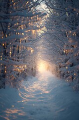 Sun rays breaking through snow-covered trees in the forest.