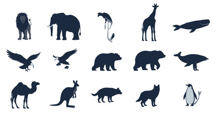 Fototapeta premium Silhouette illustration featuring a diverse collection of animals including mammals and birds in dark blue