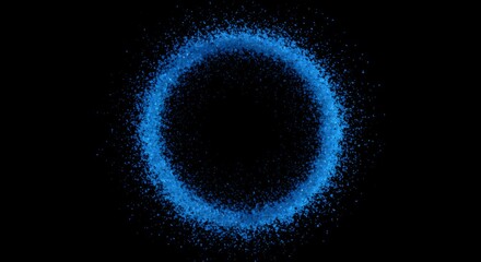Blue glowing particle circle with dynamic dispersion effect on black background, abstract digital energy visualization for technology and motion graphics design