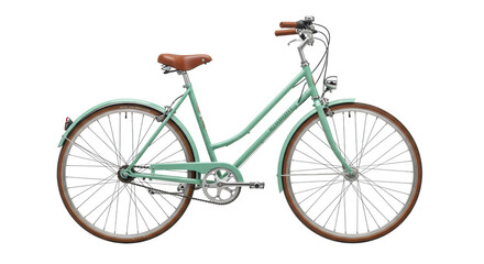 Fototapeta premium A meticulously detailed, vintage-style city bicycle with a light mint green frame, brown leather, and chrome, isolated on a transparent background with copy space, concept of sustainable urban