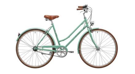 A meticulously detailed, vintage-style city bicycle with a light mint green frame, brown leather, and chrome, isolated on a transparent background with copy space, concept of sustainable urban