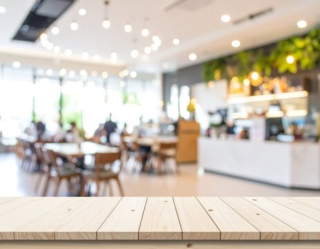 Light-filled cafe interior with wooden tabletop