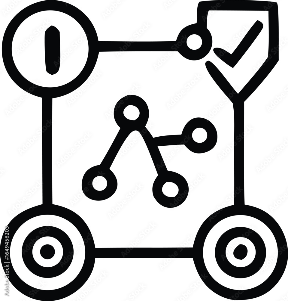 Poster abstract diagram illustrating a process flow with interconnected nodes wheels and a checkmark for co