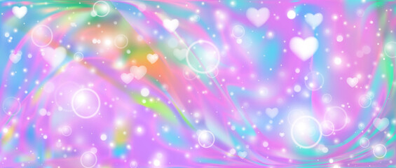 Dreamy holographic background with glowing hearts, soft sparkles, and flowing pastel colors. Perfect for love-themed projects and festive designs. Radiates charm and romantic vibes