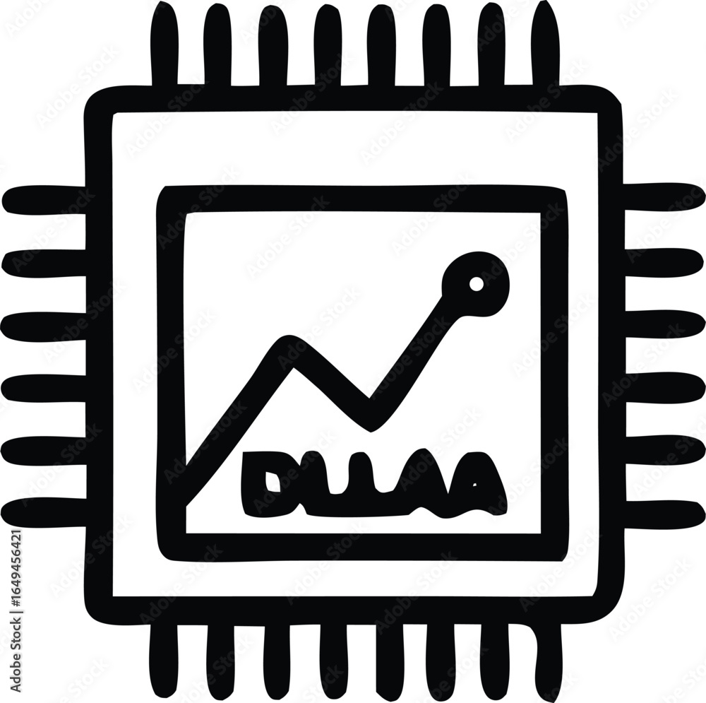 Poster hand drawn illustration of a microchip displaying a rising graph symbolizing technological advanceme