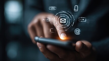 Hand interacting with digital smartphone email interface