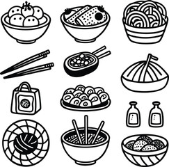 Hand drawn sketch of assorted asian food dishes and utensils in a whimsical doodle style