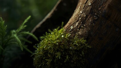 Atmospheric macro shot of moss on a wet tree surface after rainy weather.