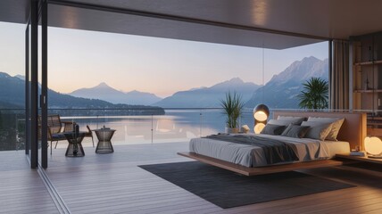 Fototapeta premium Luxurious bedroom with stunning lake and mountain views at sunset, offering a serene escape.