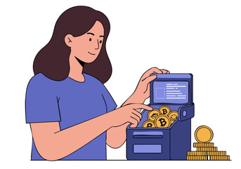 A woman examines cryptocurrency on a tablet, surrounded by digital coins. Modern illustration, clean design, positive financial concept.