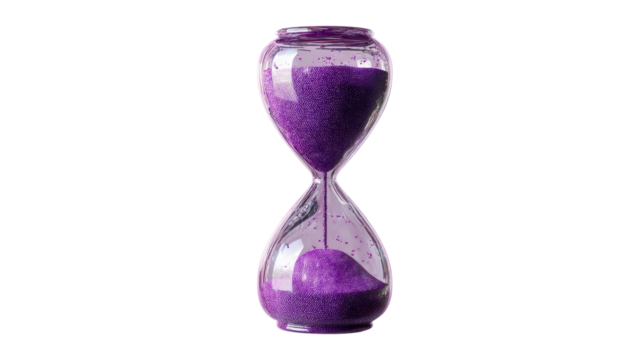 Purple glitter hourglass with sand flowing through on white background, cut out transparent