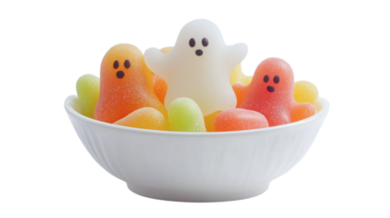 • A bowl of Halloween candy with a ghostly appearance, isolated on white background in HD 