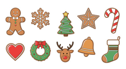 Illustration of christmas themed gingerbread cookies including a tree and a gingerbread man and a star