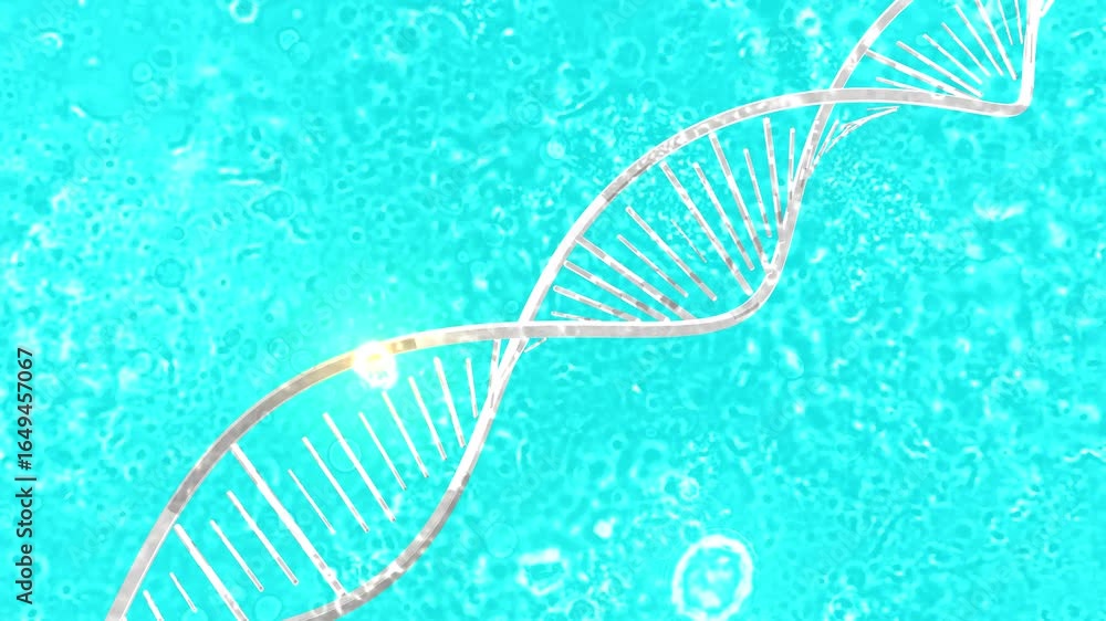 Poster dynamic 3d animation of a dna double helix spinning in a turquoise cellular fluid