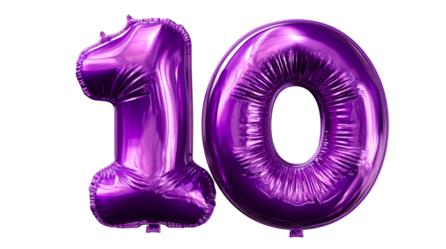 Shiny metallic purple number 10 balloon isolated on white background, cut out transparent