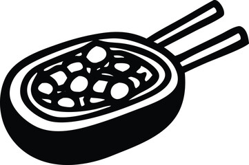Stylized black and white illustration of a bowl filled with peas and two chopsticks resting on top