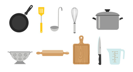 Illustration showing various kitchen utensils including a pan, spatula, ladle, and several others