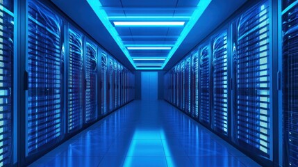 Server room with neon blue lighting