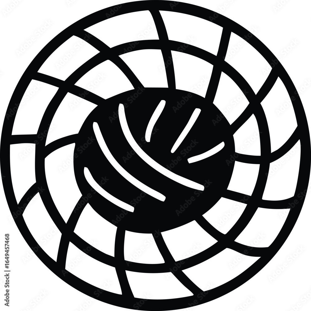 Poster abstract circular design featuring a central sphere enclosed by a radial grid pattern