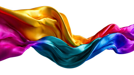 Flowing ribbons of vibrant multicolored fabric against a white background, cut out transparent