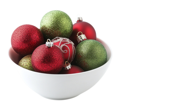 • A bowl of red and green Christmas ornaments with glitter, isolated on white background in HD 