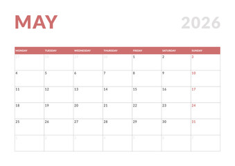 Monthly page Calendar Planner Template design of May 2026. Vector layout of calendar with week start Monday for Scheduling. Page for size A4 or 21x29.7 cm