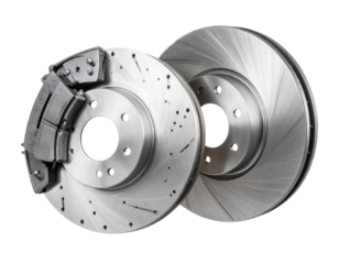 Angled Side Perspective of Car Brake with Detailed Caliper and Rotor, Transparent Background