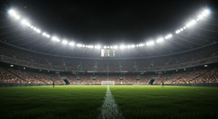Empty professional football stadium pitch at night with bright floodlights atmospheric fog and center circle view ready for match in modern sports arena
