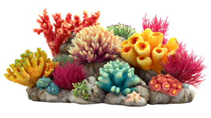 Diverse Underwater Coral Reef Ecosystem with Various Marine Life Forms, cut out transparent