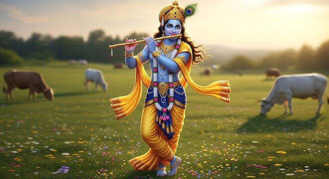 Lord Krishna Playing Flute in Cow Pasture, Rural Hindu Deity Scene