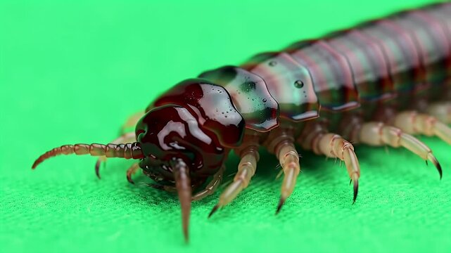 Macro Close-up of a Multi-Legged Centipede Creature with Reddish Head on a Vibrant Green Background