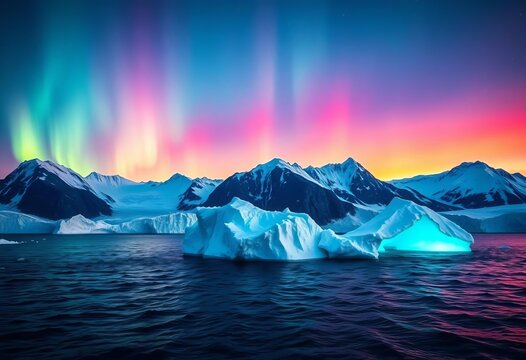 Majestic iceberg in arctic sea, aurora borealis illuminating snow-capped mountains and glaciers under a vibrant night sky, ocean, Greenland - Powered by Adobe