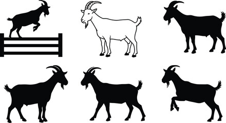 Goat silhouette vector clipart set, jumping and standing goats, farm animal collection, black and outline livestock for rural graphic design use