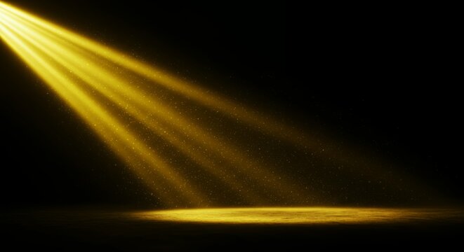 Intense golden yellow light rays streaming through glowing particles with luminous horizon on dark background for dynamic technology designs - Powered by Adobe