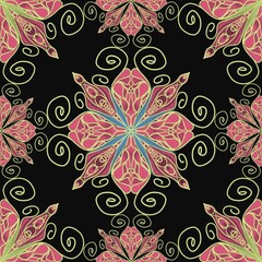 seamless pattern with flowers,green, pink, blue curves and painted to create flowers shape,leaves with black background in geometric patterns to as sarong,tile,printed fabric,batik,fabric,tablecloth 