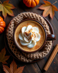 Fototapeta premium Appetizing pumpkin spice latte with whipped cream and cinnamon dust, cozy knitted scarf, dry oak leaves, moody autumn colors